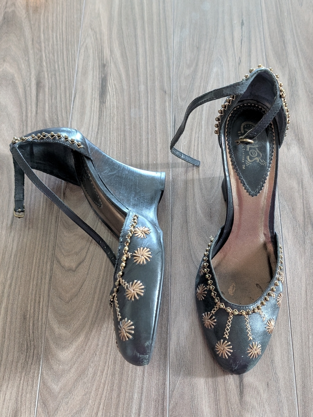Carlos Black Embroidered Women's Strap Block Wedge Heels (Size 7.5)